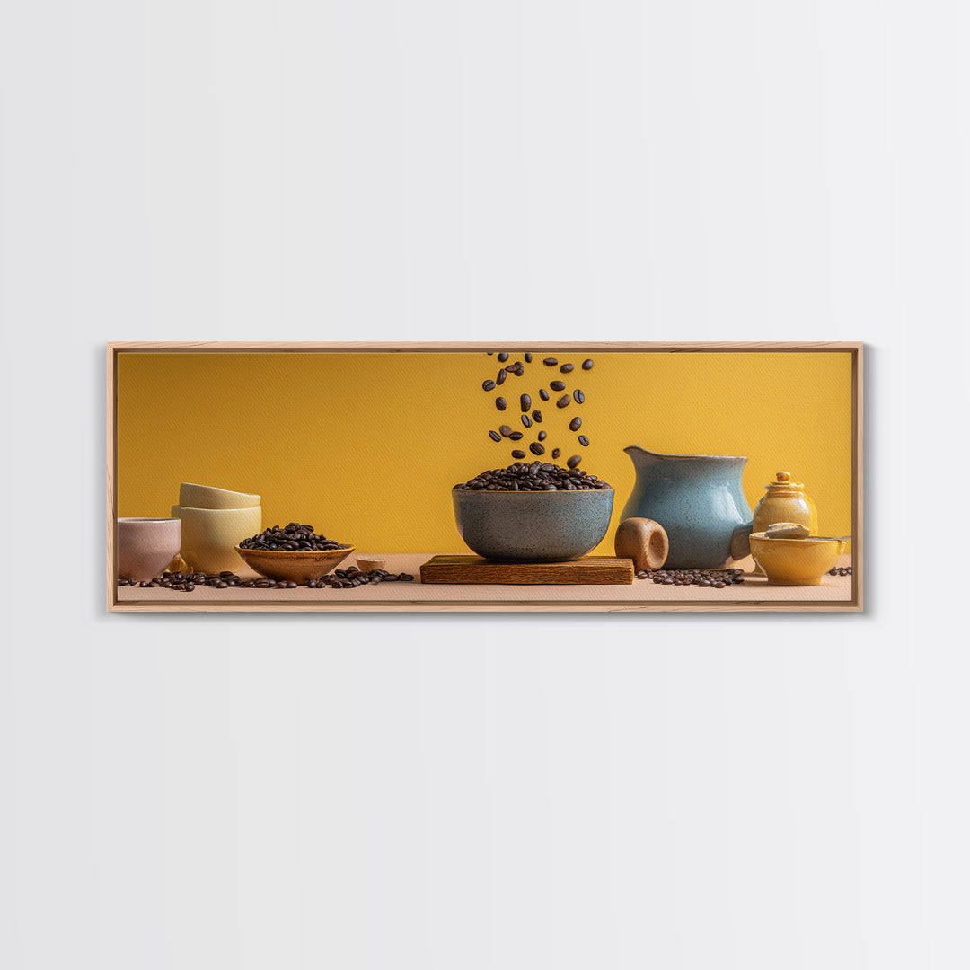 Roasted Beans Falling Through Dark Space Framed Canvas Print, Coffee Shop Art, Printable, Cafe Decor, Fine Art, Cafe, CSA-3x1-84