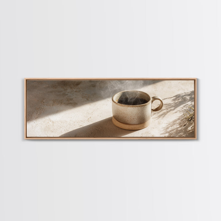 Espresso Cup with Rising Steam and Warm Framed Canvas Print, Coffee Shop Art, Boho Decor, Cafe Decor, Oil Painting, Cafe, CSA-3x1-89