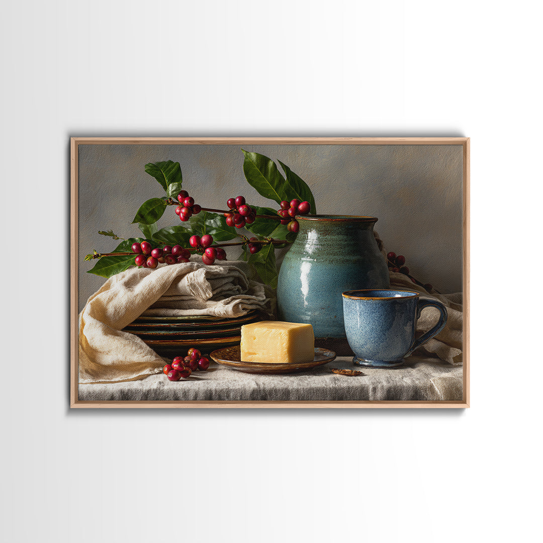 Botanical Coffee Plant Branch Framed Canvas Print, Coffee Shop Art, Dopamine Decor, Cafe Decor, Oil Painting, Cafe, CSA-3x2-10