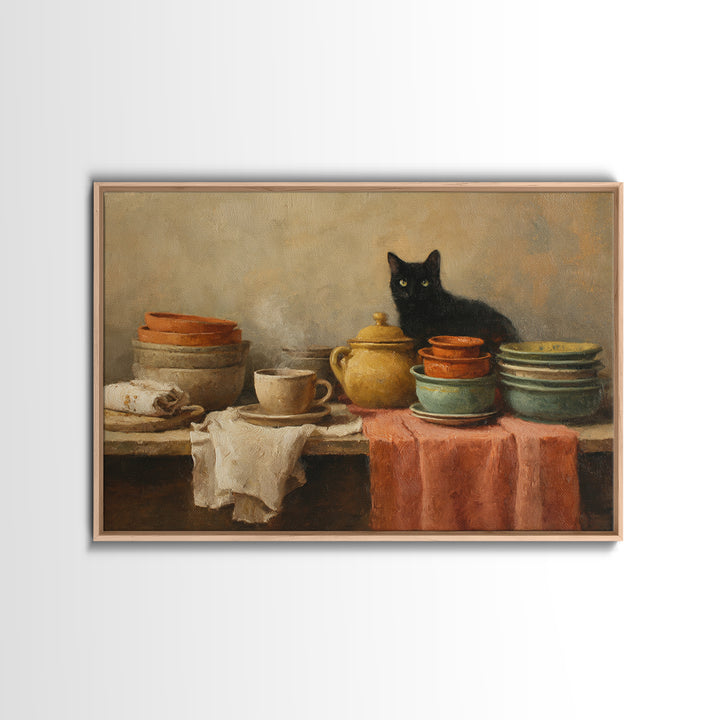Black Cat Beside a Steaming Cup Framed Canvas Print, Coffee Shop Art, Kitchen Art, Cafe Decor, Cafe, Minimalist Wall Art, CSA-3x2-18
