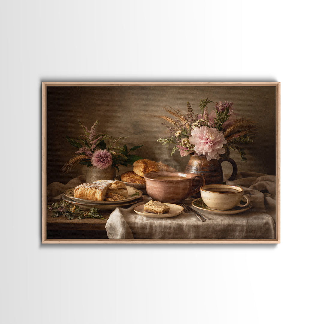 Sunlit Pastry and Coffee Arrangement Framed Canvas Print, Coffee Shop Art, Coffee Art, Cafe Decor, Fine Art, Cafe, CSA-3x2-23