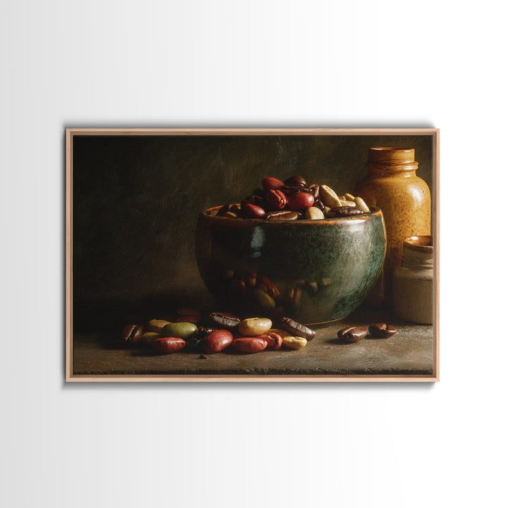 Roasted Beans Falling Through Dark Space Framed Canvas Print, Coffee Shop Art, Moody Wall Art, Cafe Decor, Fine Art, Cafe, CSA-3x2-24