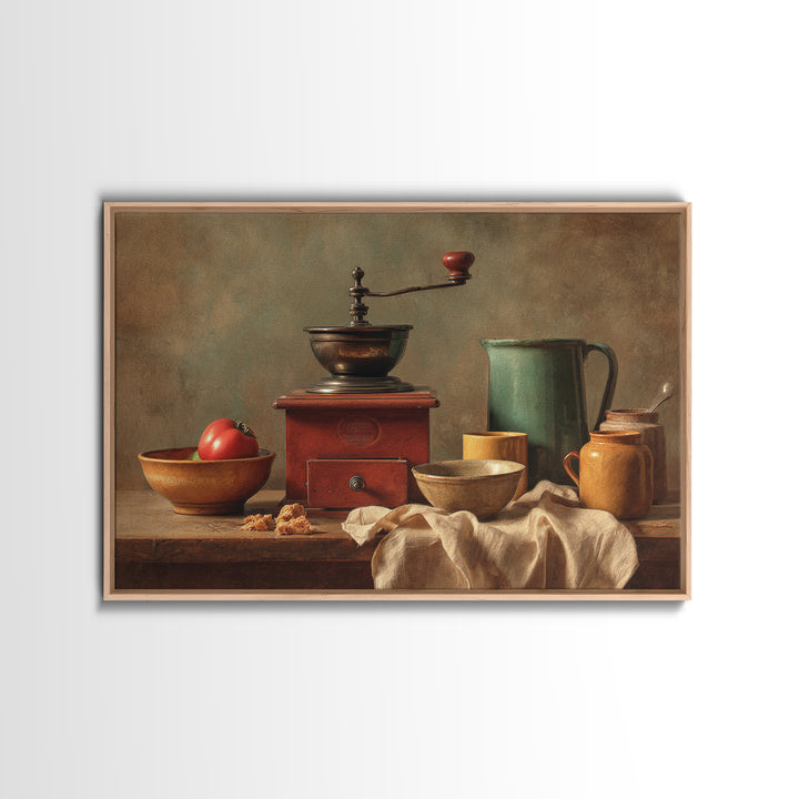 Coffee Grinder Antique Still Life Framed Canvas Print, Coffee Shop Art, Whimsical Art, Cafe Decor, Oil Painting, Cafe, CSA-3x2-40