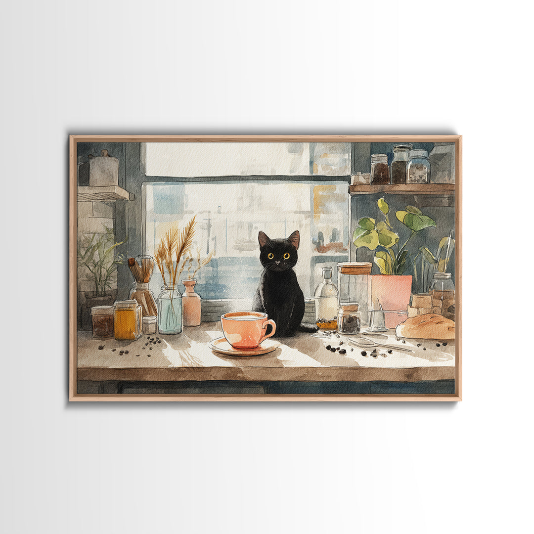 Black Cat Beside a Steaming Cup Canvas Print, Coffee Shop Art, Canvas Print, Cafe Decor, Fine Art, Cafe, Neutral Decor, CSA-3x2-42