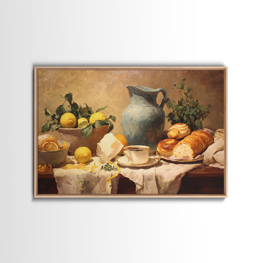 Sunlit Pastry and Coffee Arrangement Framed Canvas Print, Coffee Shop Art, Digital Wall Art, Cafe Decor, Oil Painting, Cafe, CSA-3x2-47