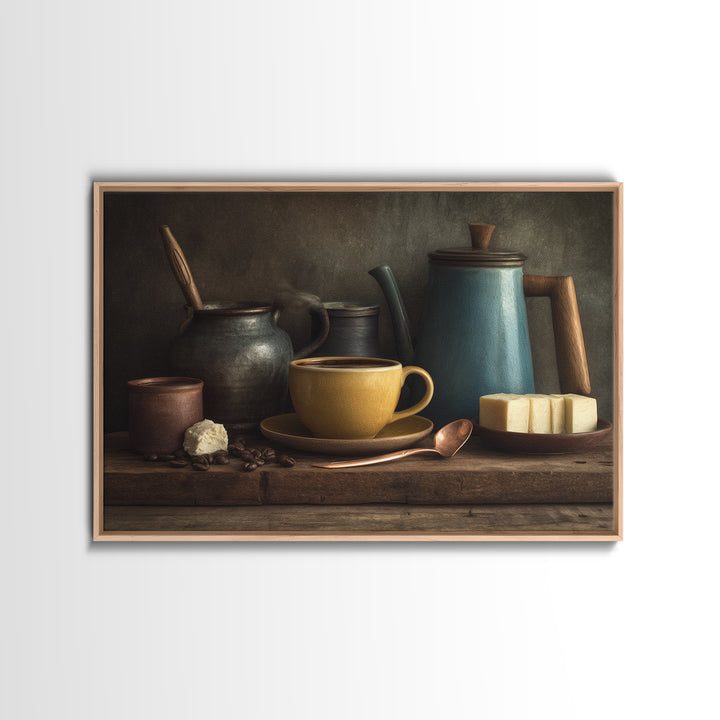 Moody Dark Roast Still Life Framed Canvas Print, Coffee Shop Art, Textured Painting, Cafe Decor, Fine Art, Cafe, Kitchen Decor, CSA-3x2-60