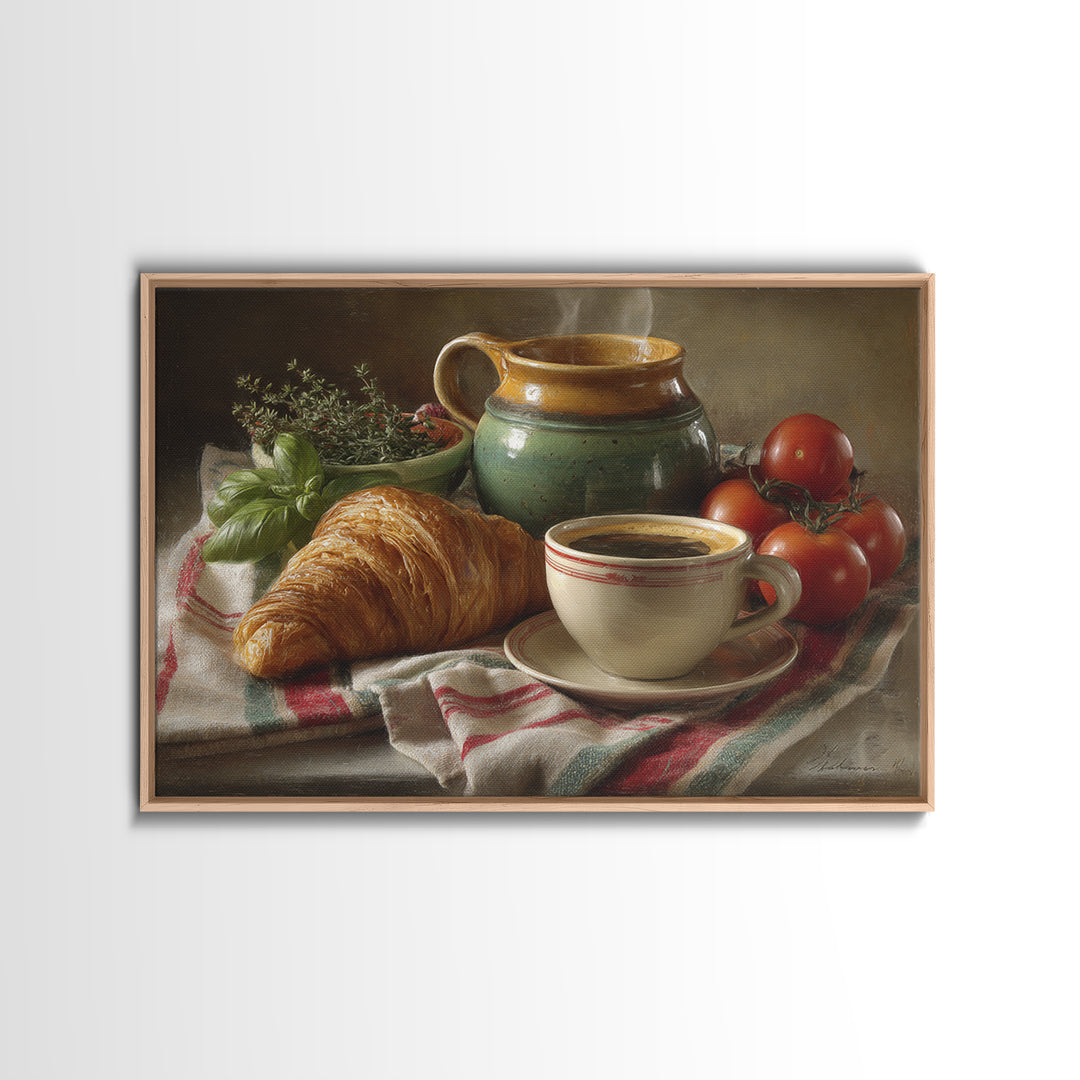 Croissant and Cappuccino on Striped Cloth Framed Canvas Print, Coffee Shop Art, Fine Art Print, Cafe Decor, Fine Art, Cafe, CSA-3x2-81