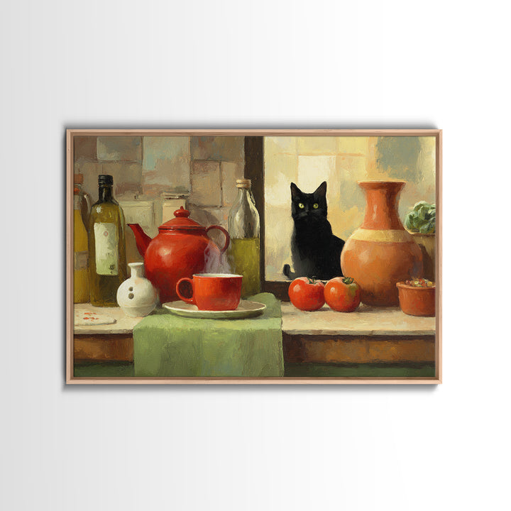 Black Cat Beside a Steaming Cup Framed Canvas Print, Coffee Shop Art, Moody Wall Art, Cafe Decor, Fine Art, Cafe, Luxury Decor, CSA-3x2-90