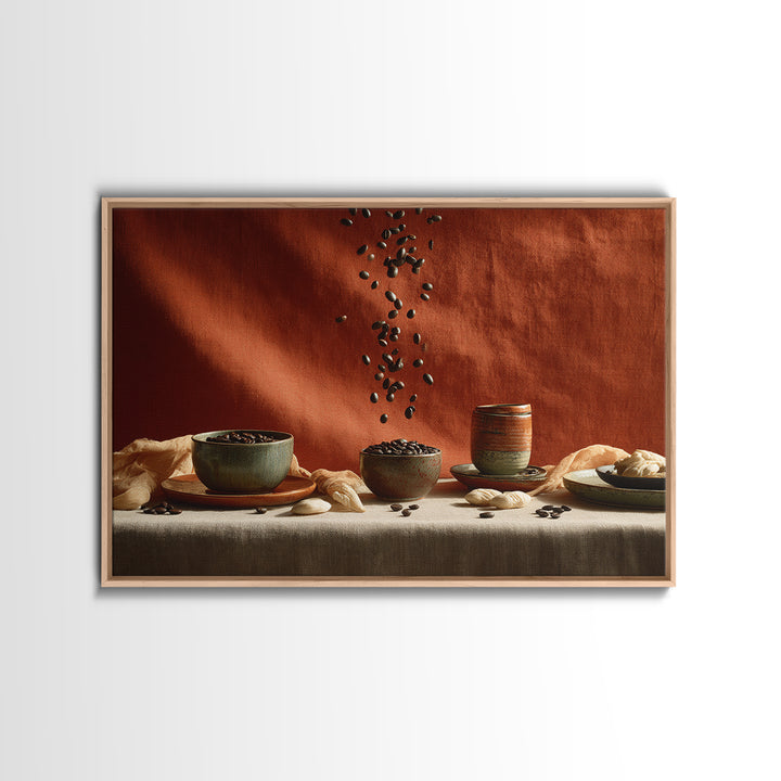 Roasted Beans Falling Through Dark Space Framed Canvas Print, Coffee Shop Art, Printable, Cafe Decor, Fine Art, Cafe, CSA-3x2-96