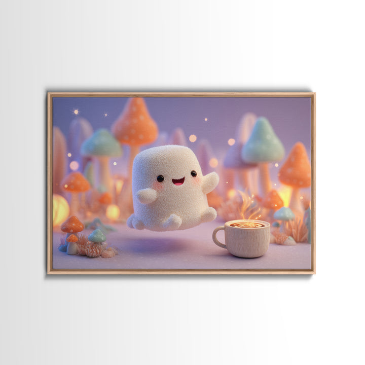 The Marshmallow Ghost, Storybook Halloween Art, Landscape Wall Art, Framed Canvas Print, Halloween Kids Decor, Whimsical Wall Art