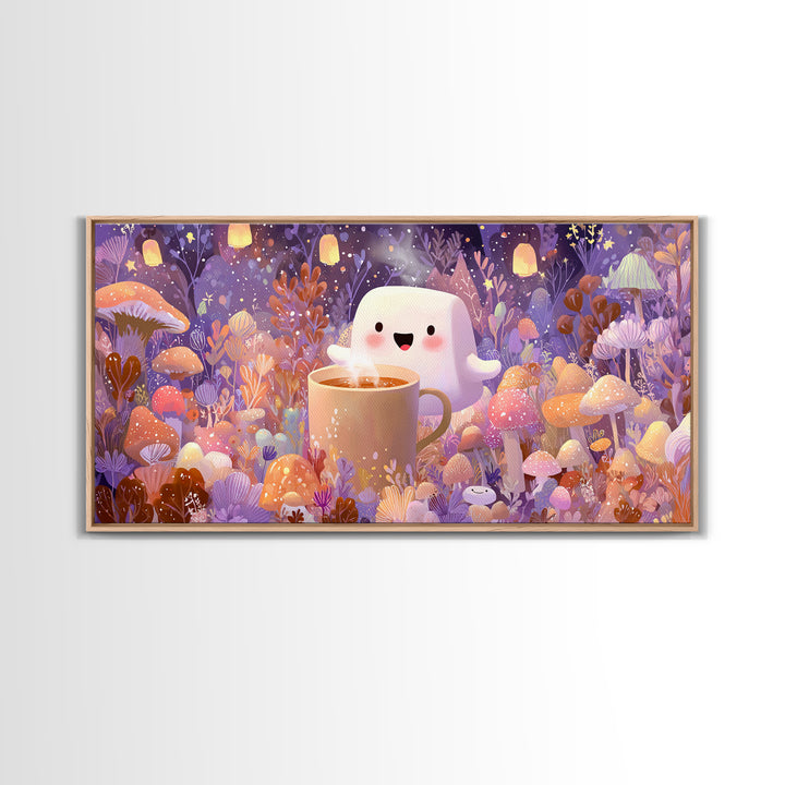 The Marshmallow Ghost, Storybook Halloween Art, Wide Panoramic Art, Canvas Print, Halloween Kids Decor, Whimsical Wall Art