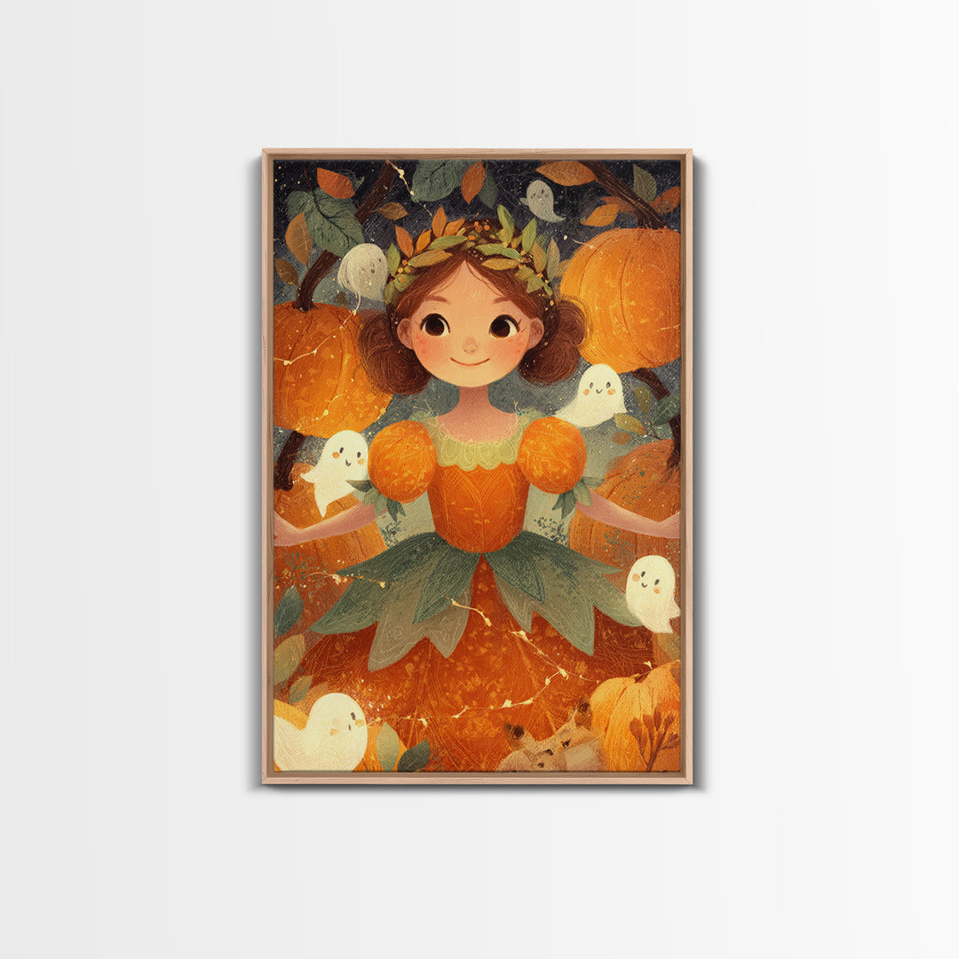 The Pumpkin Princess, Cute Spooky Wall Art, Vertical Wall Art, Canvas Print, Halloween Kids Decor, Whimsical Wall Art, Spooky Wall Decor