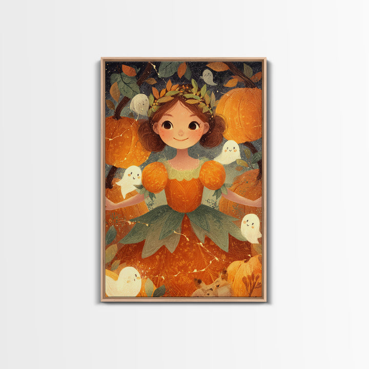 The Pumpkin Princess, Cute Spooky Wall Art, Vertical Wall Art, Canvas Print, Halloween Kids Decor, Whimsical Wall Art, Spooky Wall Decor