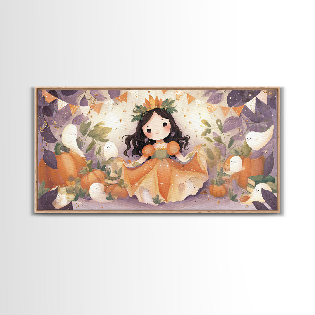 The Pumpkin Princess, Cute Halloween Wall Art, Wide Panoramic Art, Framed Canvas Print, Halloween Kids Decor, Whimsical Wall Art