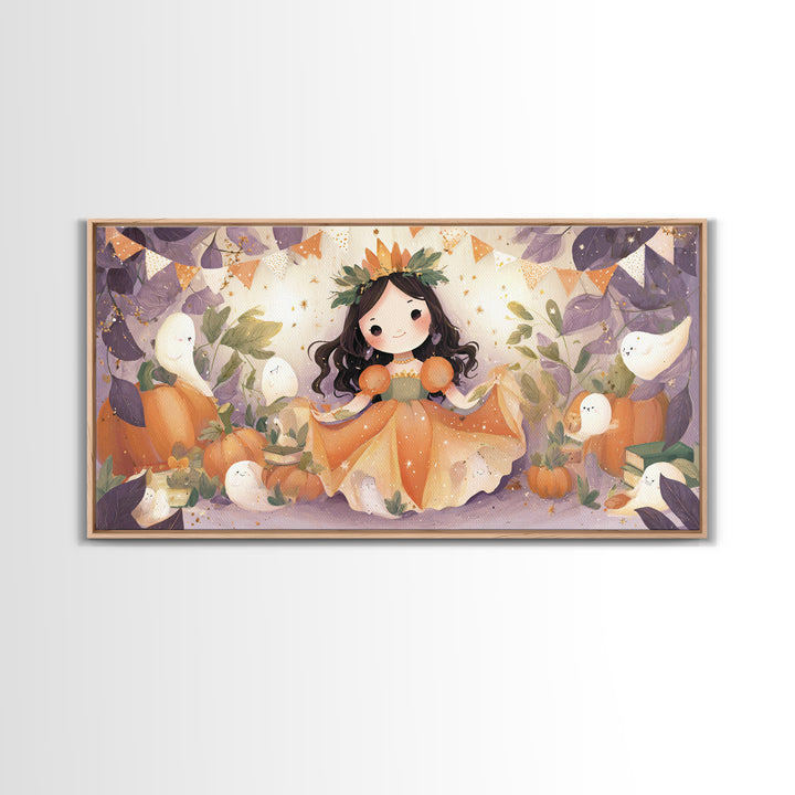 The Pumpkin Princess, Cute Halloween Wall Art, Wide Panoramic Art, Framed Canvas Print, Halloween Kids Decor, Whimsical Wall Art