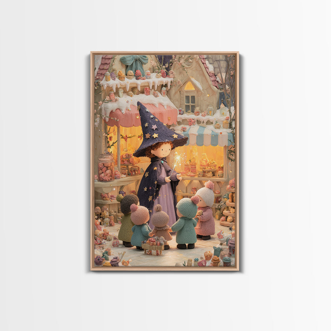 The Little Star Witch, Cute Halloween Wall Art, Vertical Wall Art, Framed Canvas Print, Halloween Kids Decor, Whimsical Wall Art