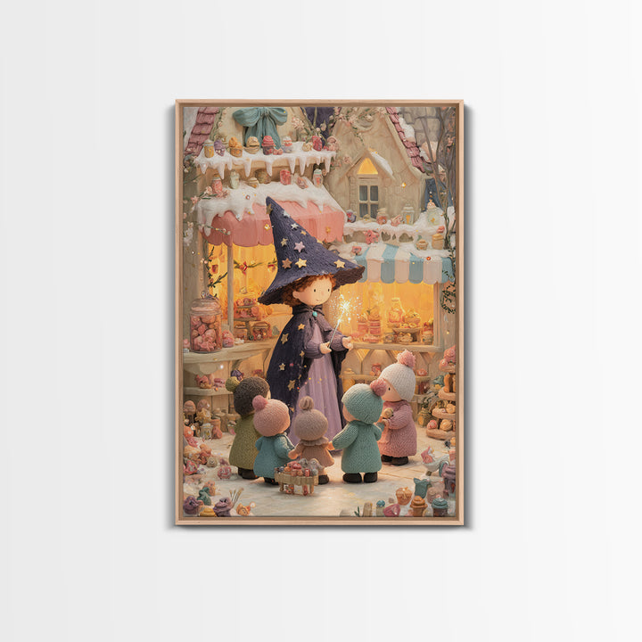 The Little Star Witch, Cute Halloween Wall Art, Vertical Wall Art, Framed Canvas Print, Halloween Kids Decor, Whimsical Wall Art