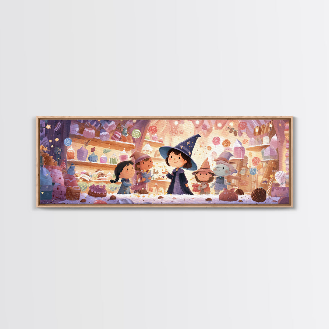 The Little Star Witch, Storybook Halloween Art, Extra Wide Wall Art, Framed Canvas Print, Halloween Kids Decor, Whimsical Wall Art