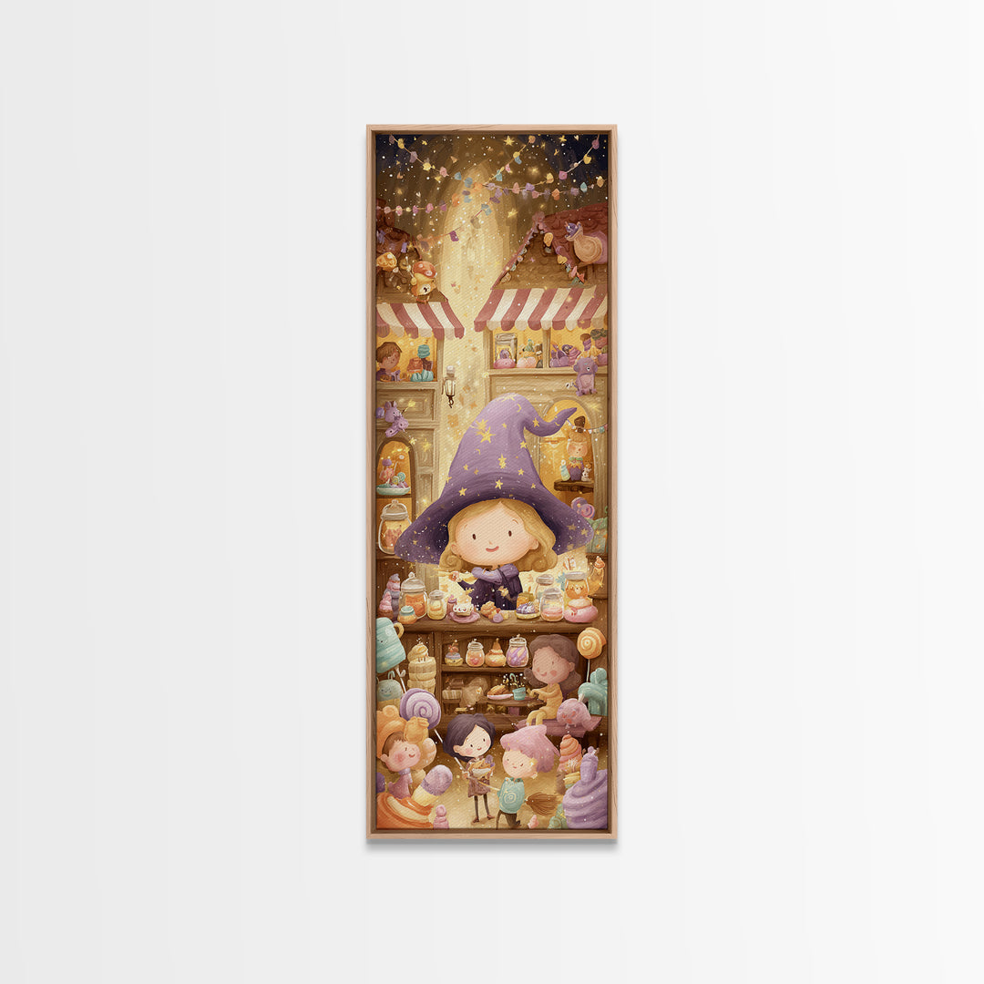 The Little Star Witch, Whimsical Halloween Art, Tall Narrow Wall Art, Framed Canvas Print, Halloween Kids Decor, Whimsical Wall Art