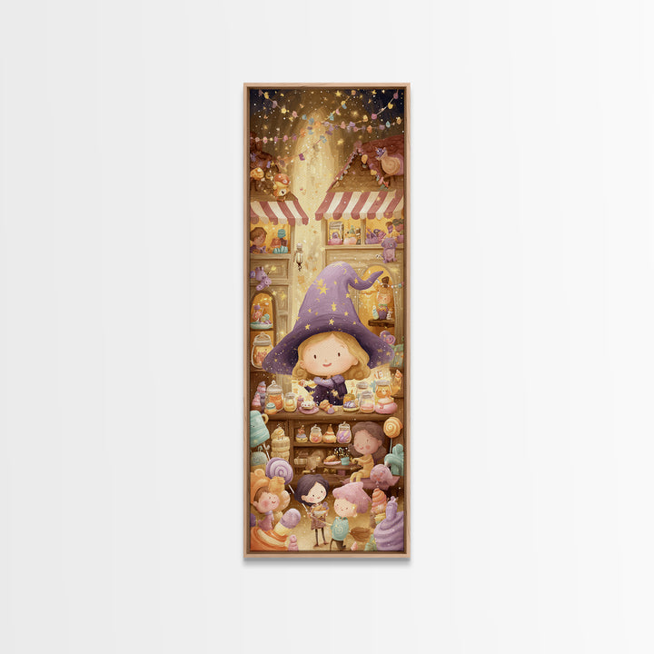 The Little Star Witch, Whimsical Halloween Art, Tall Narrow Wall Art, Framed Canvas Print, Halloween Kids Decor, Whimsical Wall Art