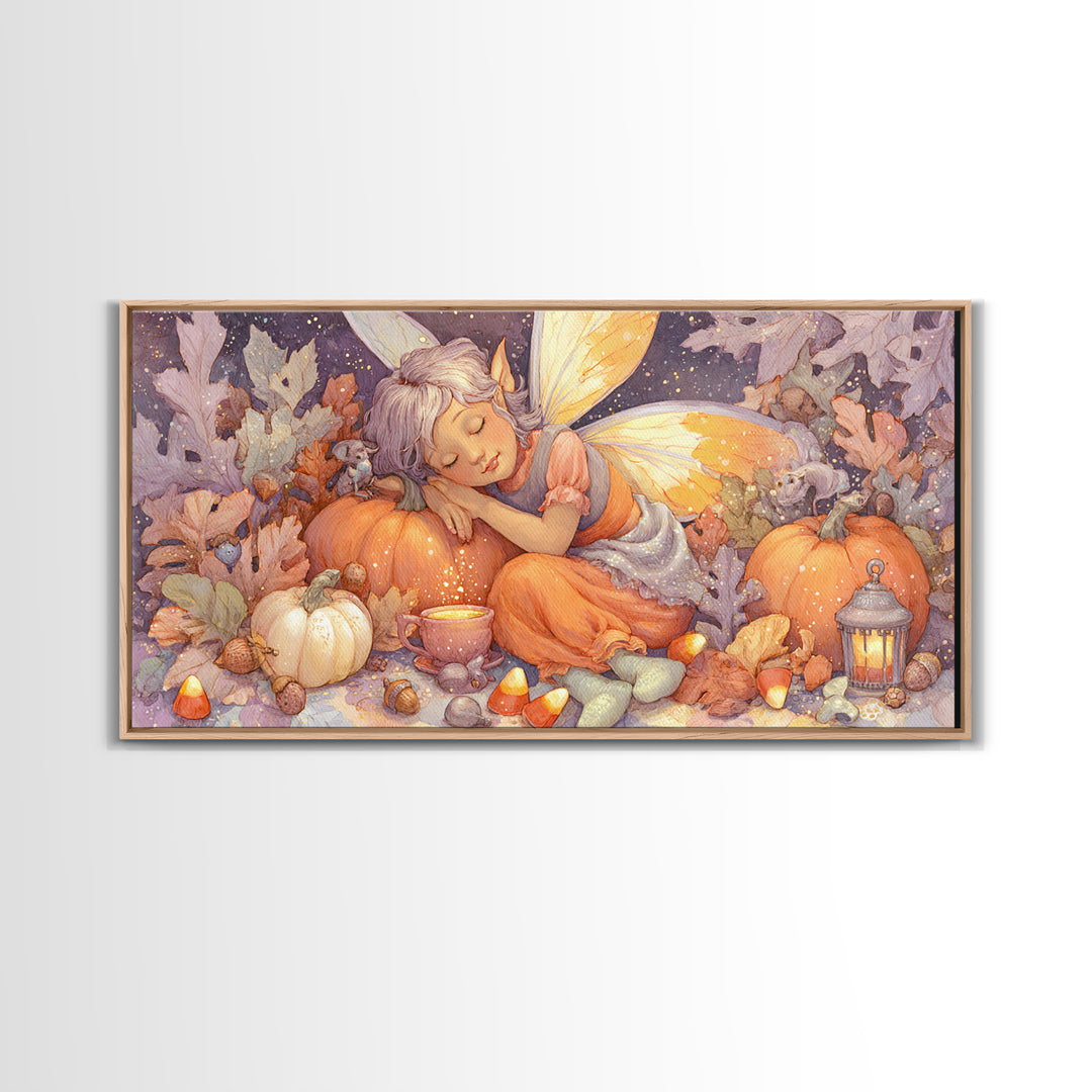 The Candy Corn Fairy, Storybook Halloween Art, Wide Panoramic Art, Canvas Print, Halloween Kids Decor, Whimsical Wall Art