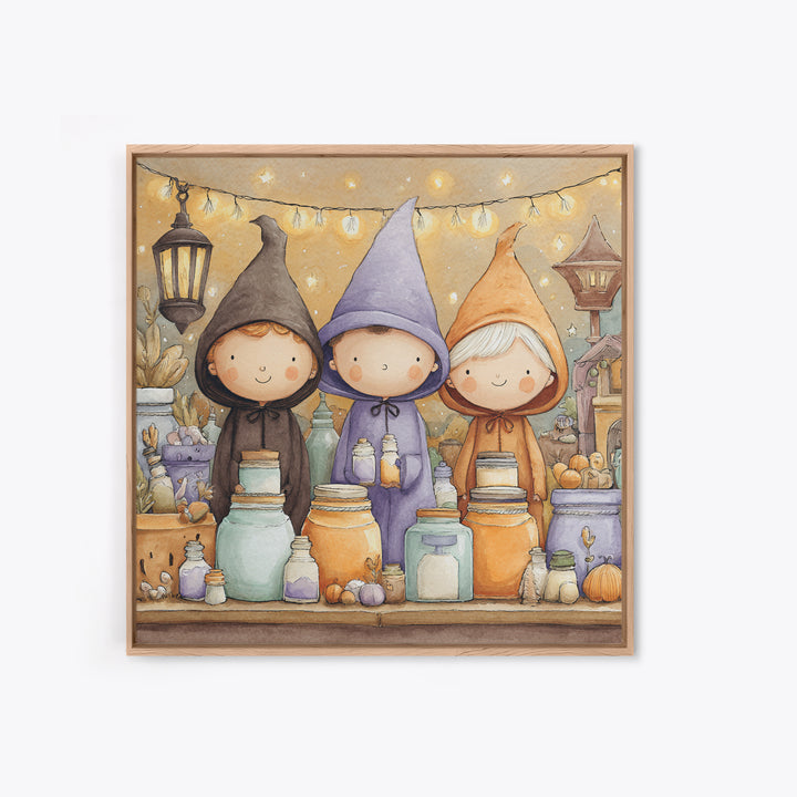 The Moonbeam Wizard, Storybook Halloween Art, Square Wall Art, Framed Canvas Print, Halloween Kids Decor, Whimsical Wall Art