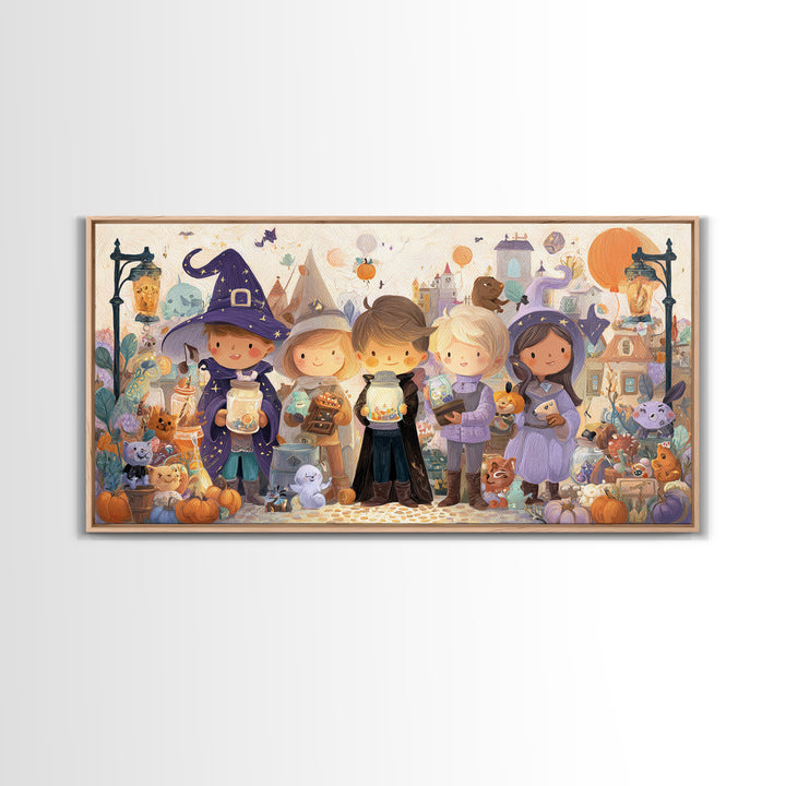 The Moonbeam Wizard, Whimsical Halloween Art, Wide Panoramic Art, Canvas Print, Halloween Kids Decor, Whimsical Wall Art, Horror Wall Art