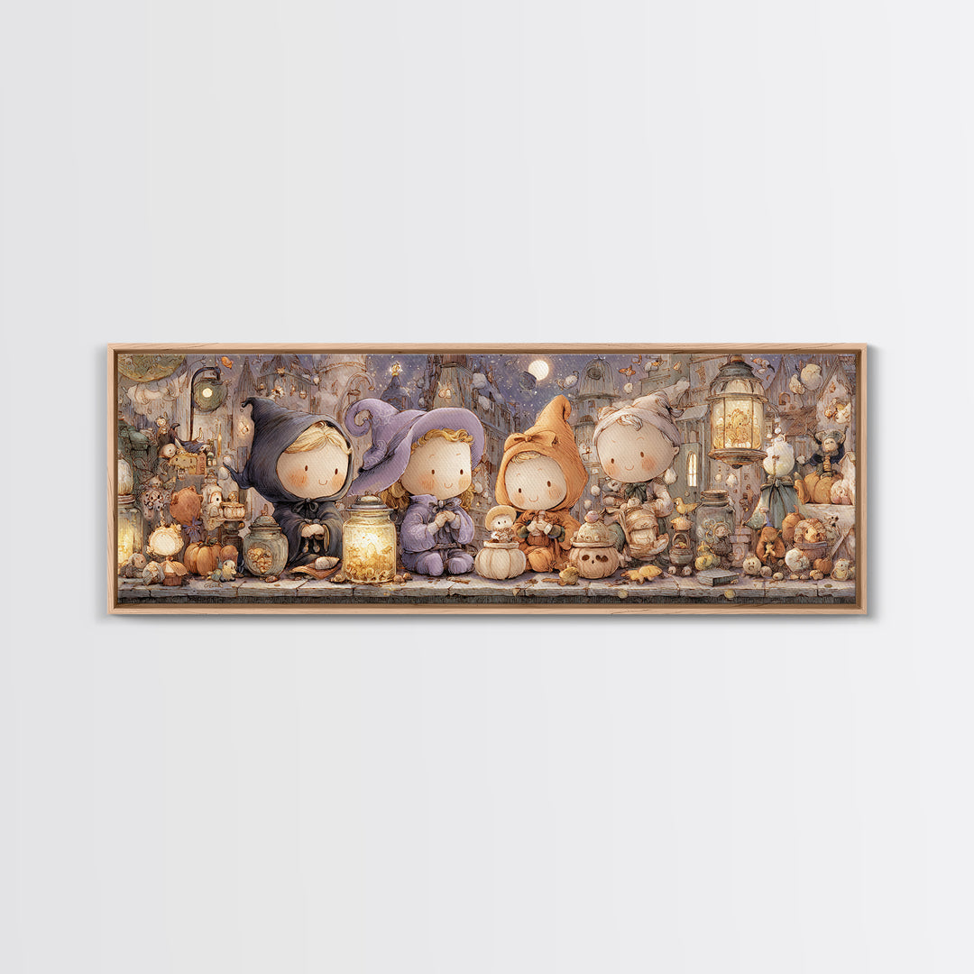 The Moonbeam Wizard, Whimsical Halloween Art, Extra Wide Wall Art, Framed Canvas Print, Halloween Kids Decor, Whimsical Wall Art