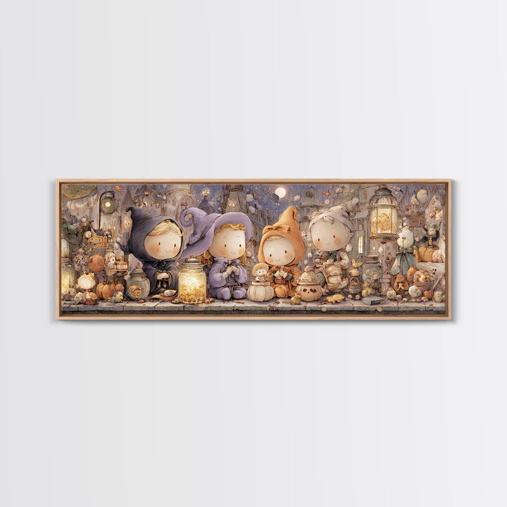 The Moonbeam Wizard, Whimsical Halloween Art, Extra Wide Wall Art, Framed Canvas Print, Halloween Kids Decor, Whimsical Wall Art