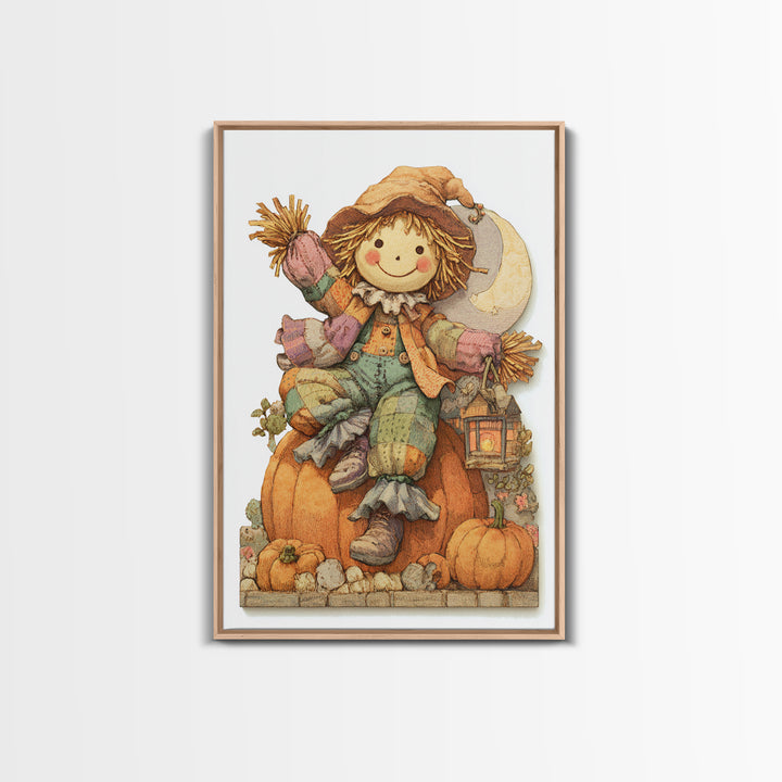 The Button-Nosed Scarecrow, Whimsical Halloween Art, Vertical Wall Art, Canvas Print, Halloween Kids Decor, Whimsical Wall Art