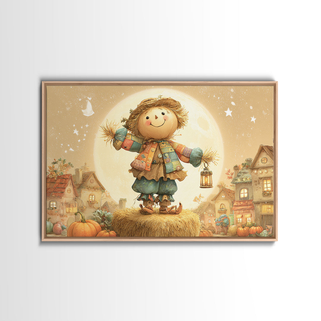 The Button-Nosed Scarecrow, Cute Spooky Wall Art, Landscape Wall Art, Canvas Print, Halloween Kids Decor, Whimsical Wall Art