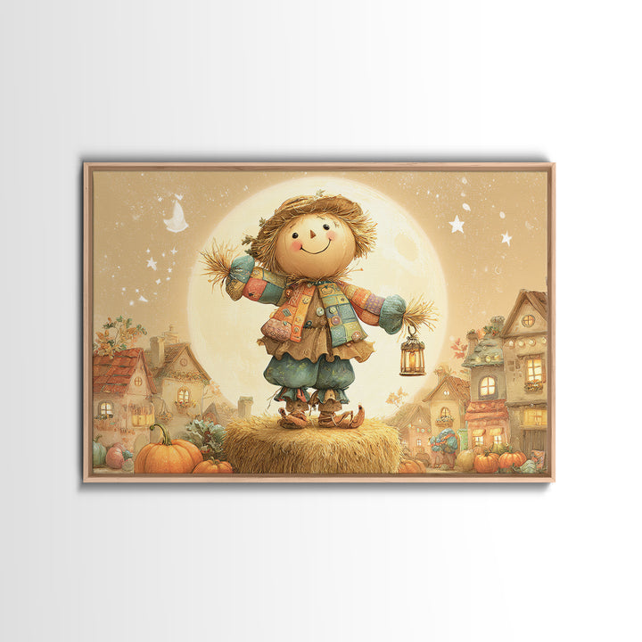 The Button-Nosed Scarecrow, Cute Spooky Wall Art, Landscape Wall Art, Canvas Print, Halloween Kids Decor, Whimsical Wall Art