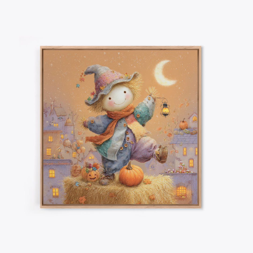 The Button-Nosed Scarecrow, Storybook Halloween Art, Square Wall Art, Canvas Print, Halloween Kids Decor, Whimsical Wall Art