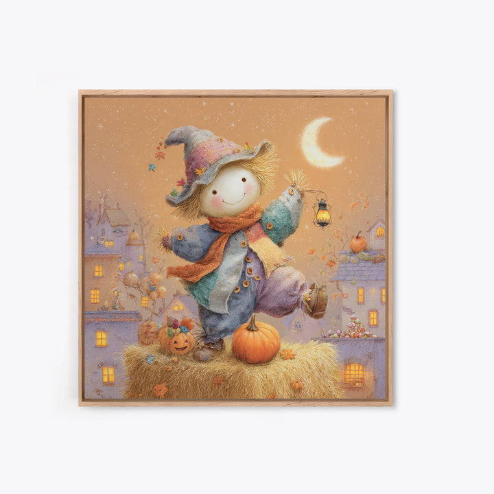 The Button-Nosed Scarecrow, Storybook Halloween Art, Square Wall Art, Canvas Print, Halloween Kids Decor, Whimsical Wall Art