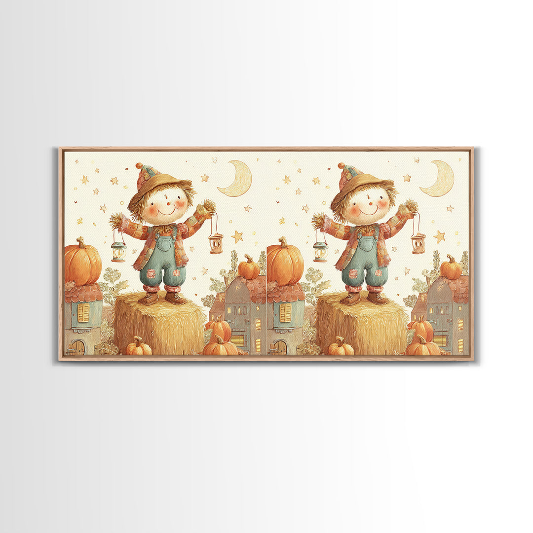 The Button-Nosed Scarecrow, Cute Halloween Wall Art, Wide Panoramic Art, Canvas Print, Halloween Kids Decor, Whimsical Wall Art