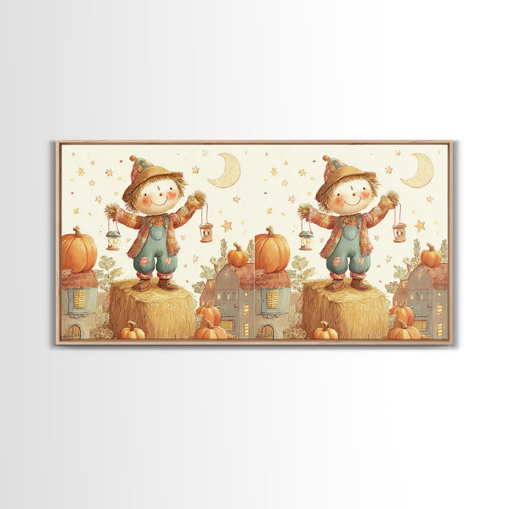 The Button-Nosed Scarecrow, Cute Halloween Wall Art, Wide Panoramic Art, Canvas Print, Halloween Kids Decor, Whimsical Wall Art