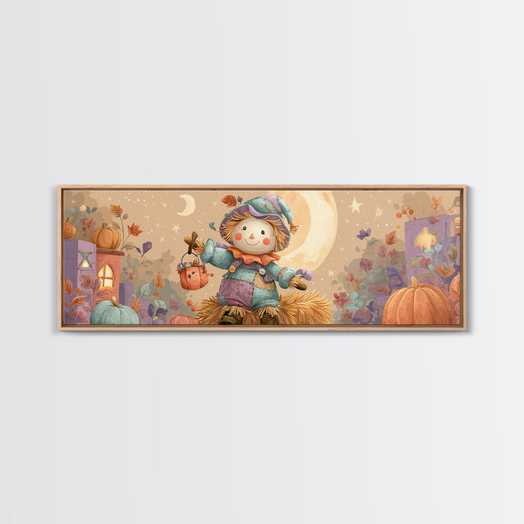 The Button-Nosed Scarecrow, Kids Halloween Decor, Extra Wide Wall Art, Canvas Print, Halloween Kids Decor, Whimsical Wall Art