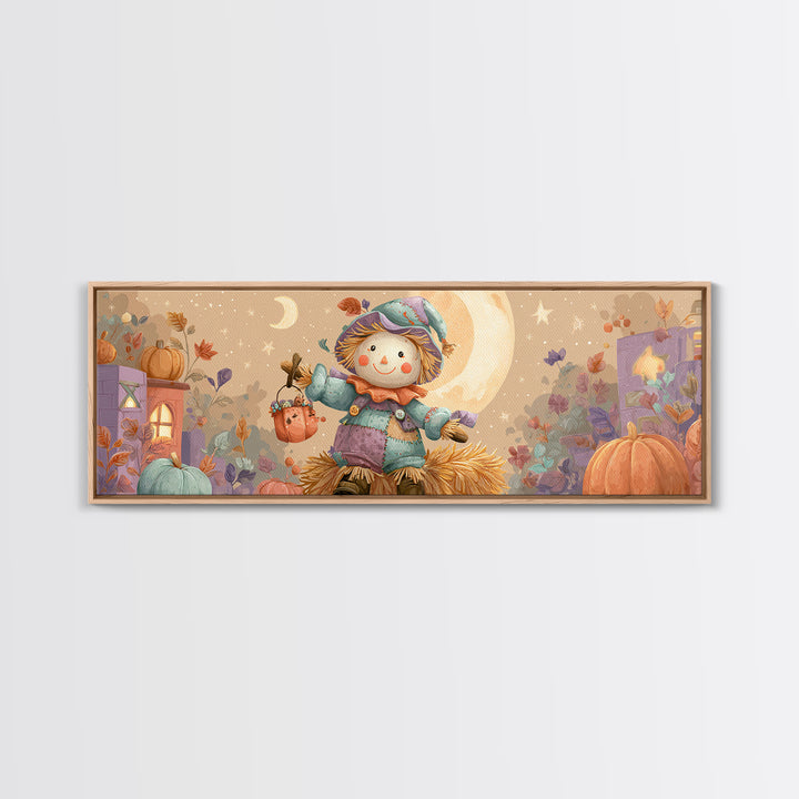 The Button-Nosed Scarecrow, Kids Halloween Decor, Extra Wide Wall Art, Canvas Print, Halloween Kids Decor, Whimsical Wall Art