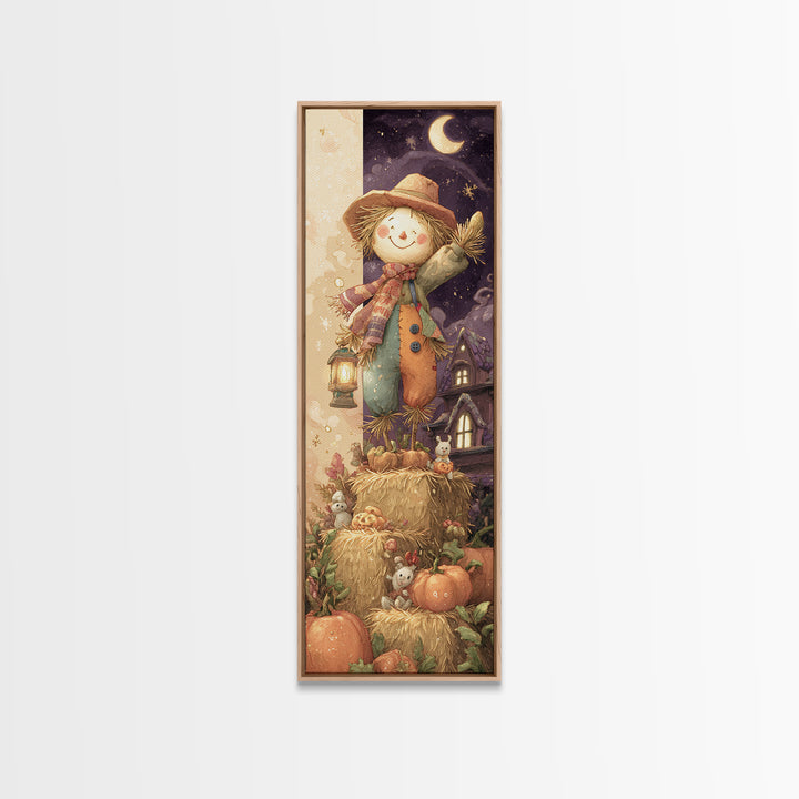 The Button-Nosed Scarecrow, Whimsical Halloween Art, Tall Narrow Wall Art, Canvas Print, Halloween Kids Decor, Whimsical Wall Art