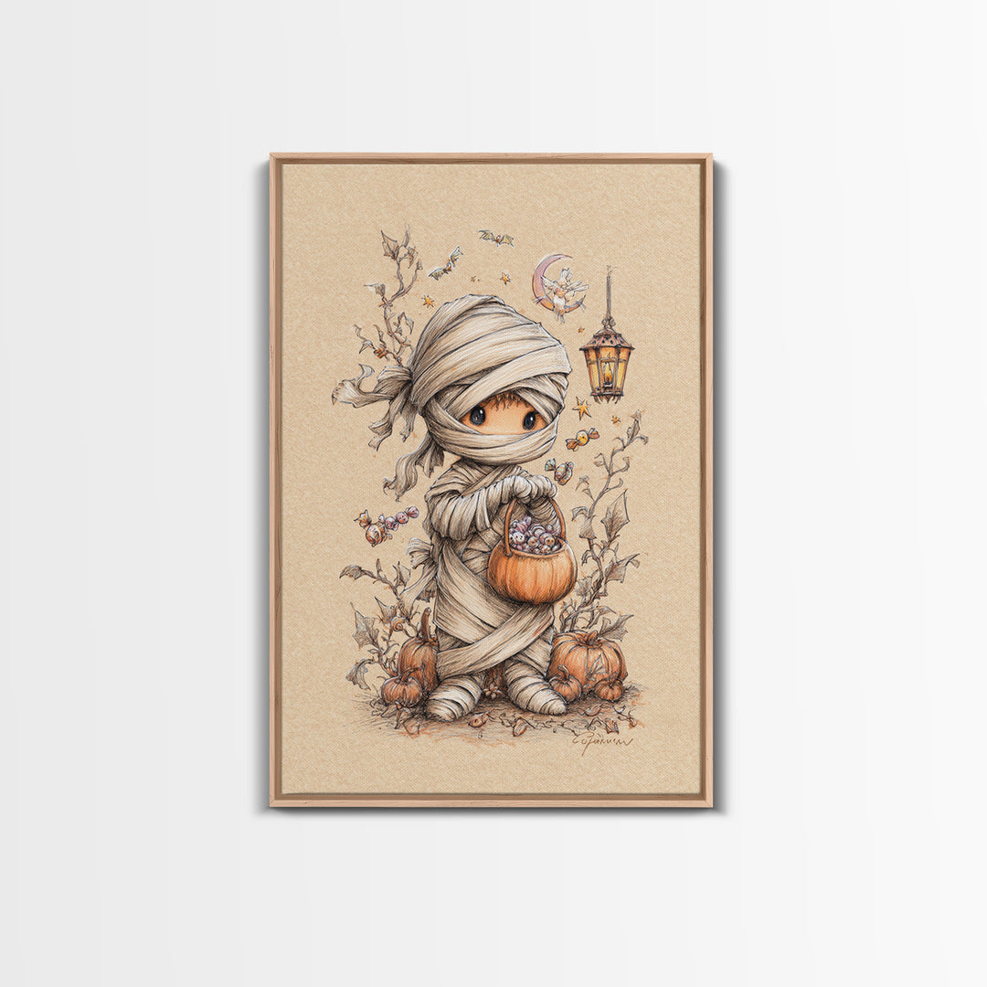 The Shy Little Mummy, Hand Sketch Halloween Art, Vertical Wall Art, Canvas Print, Cute Halloween Wall Art