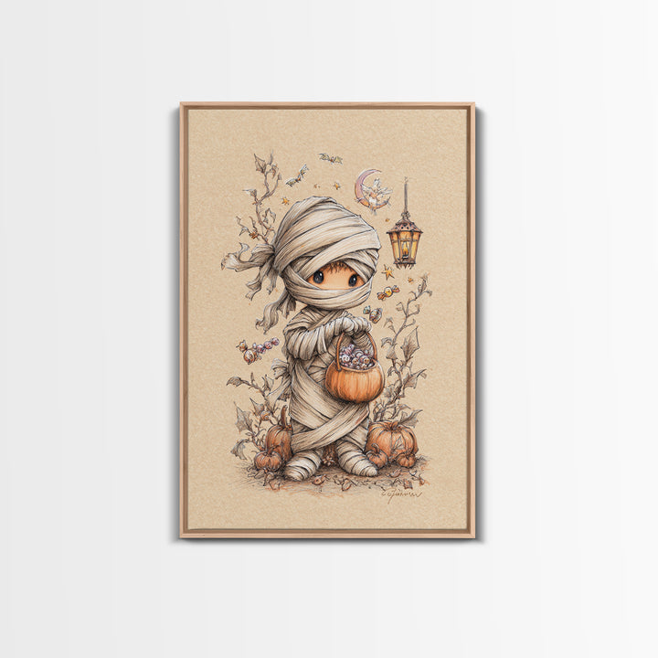 The Shy Little Mummy, Hand Sketch Halloween Art, Vertical Wall Art, Canvas Print, Cute Halloween Wall Art