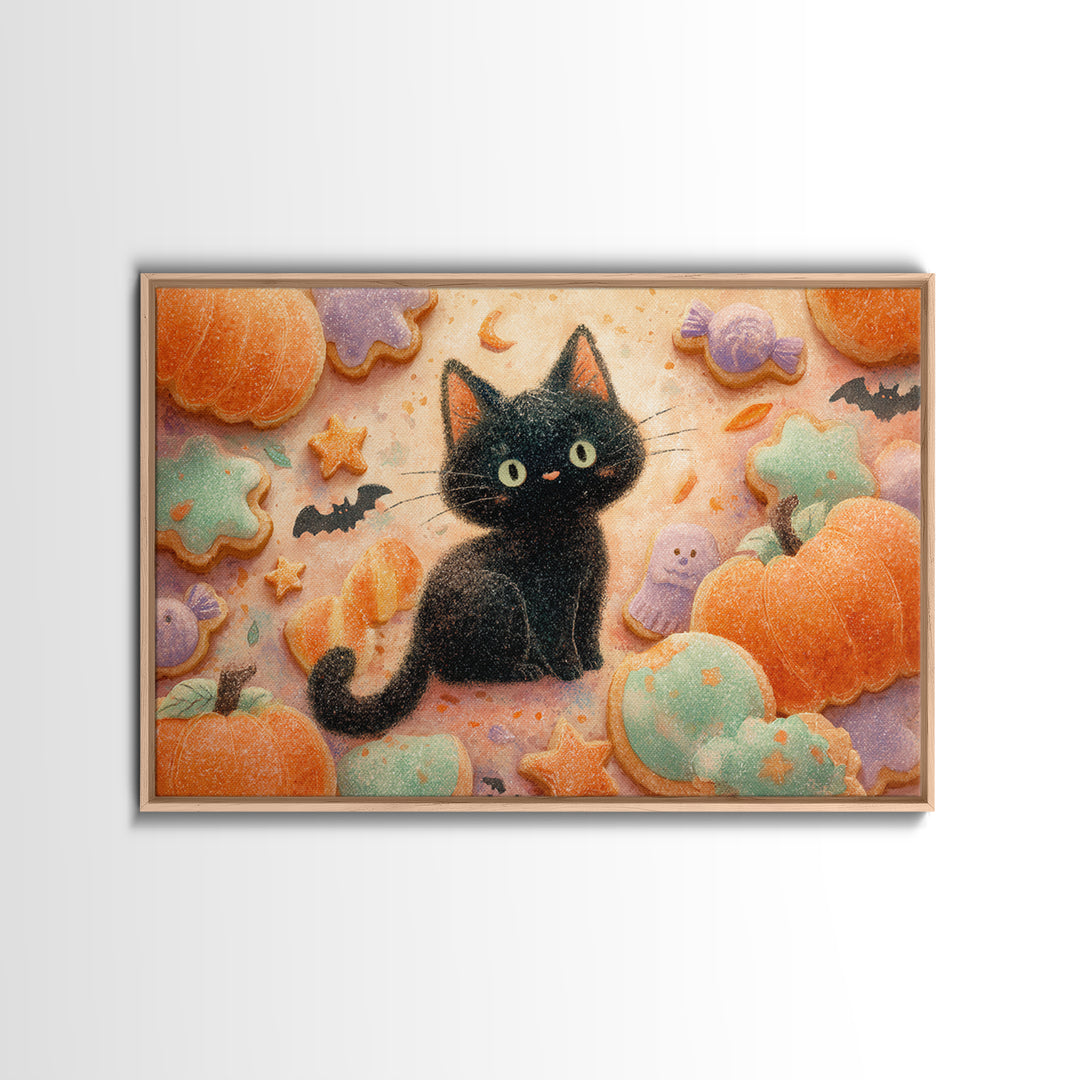 The Black Cat Baker, Watercolor Halloween Art, Landscape Wall Art, Framed Canvas Print, Cute Halloween Wall Art