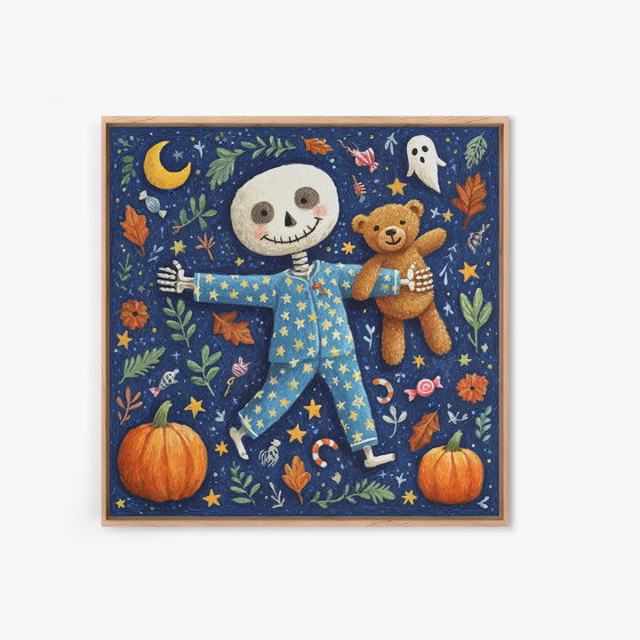 The Pajama Skeleton, Gouache Halloween Art, Square Wall Art, Canvas Print, Cute Halloween Wall Art, Halloween Kids Decor