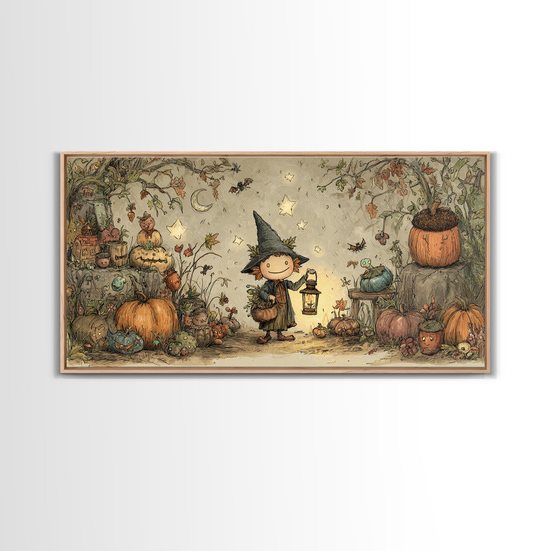 The Acorn Goblin, Crayon Halloween Art, Wide Panoramic Art, Framed Canvas Print, Cute Halloween Wall Art
