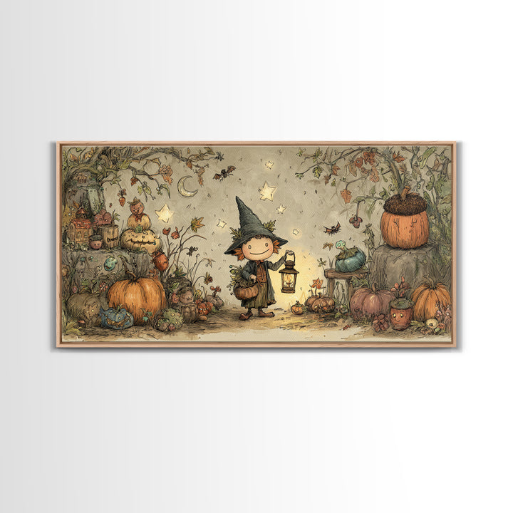The Acorn Goblin, Crayon Halloween Art, Wide Panoramic Art, Framed Canvas Print, Cute Halloween Wall Art