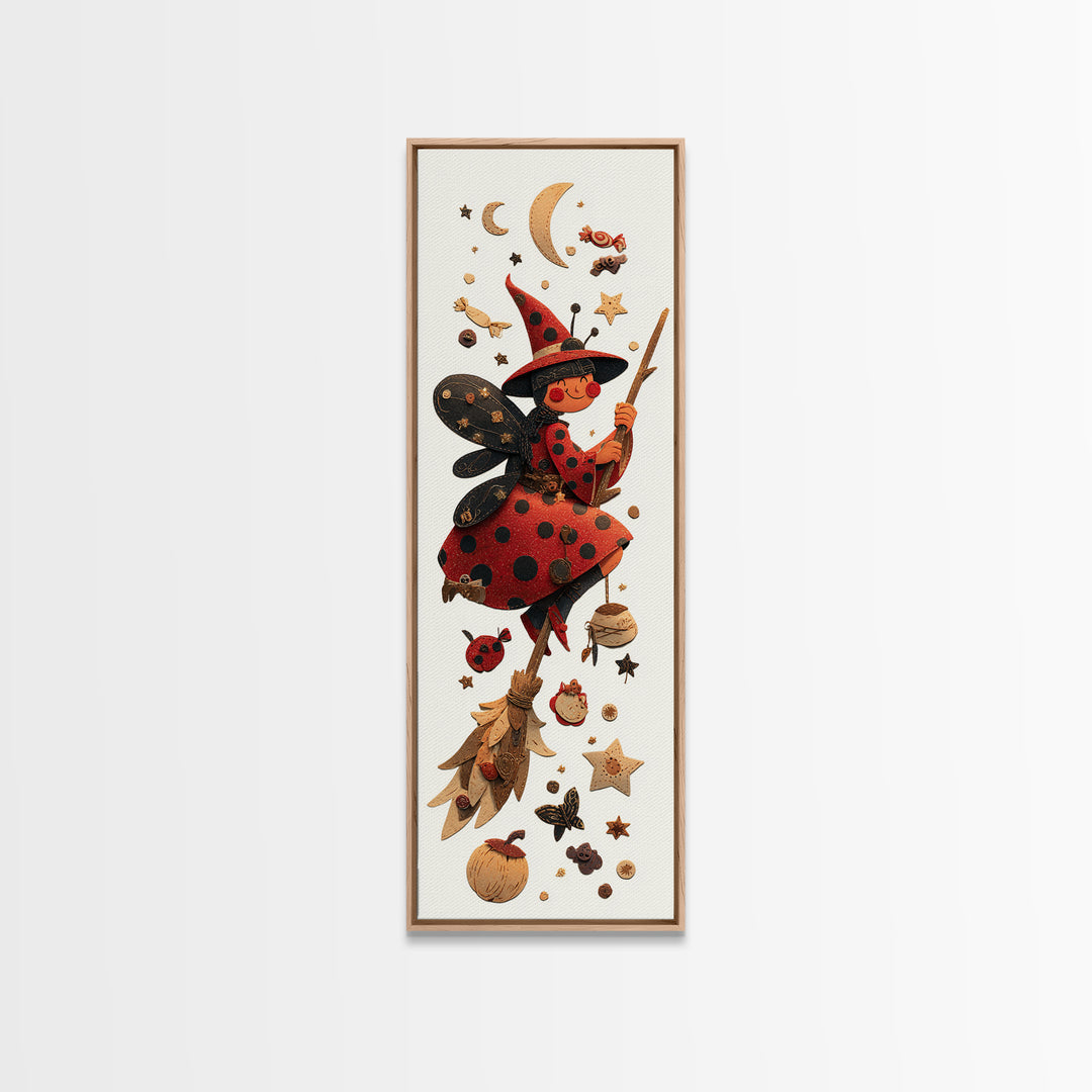 The Ladybug Witch, Paper Collage Halloween, Tall Narrow Wall Art, Framed Canvas Print, Cute Halloween Wall Art