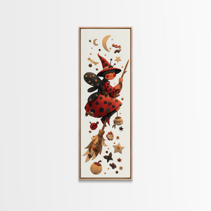The Ladybug Witch, Paper Collage Halloween, Tall Narrow Wall Art, Framed Canvas Print, Cute Halloween Wall Art