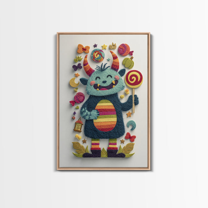 The Rainbow Monster, Felt Halloween Art, Vertical Wall Art, Canvas Print, Cute Halloween Wall Art, Whimsical Nursery Decor