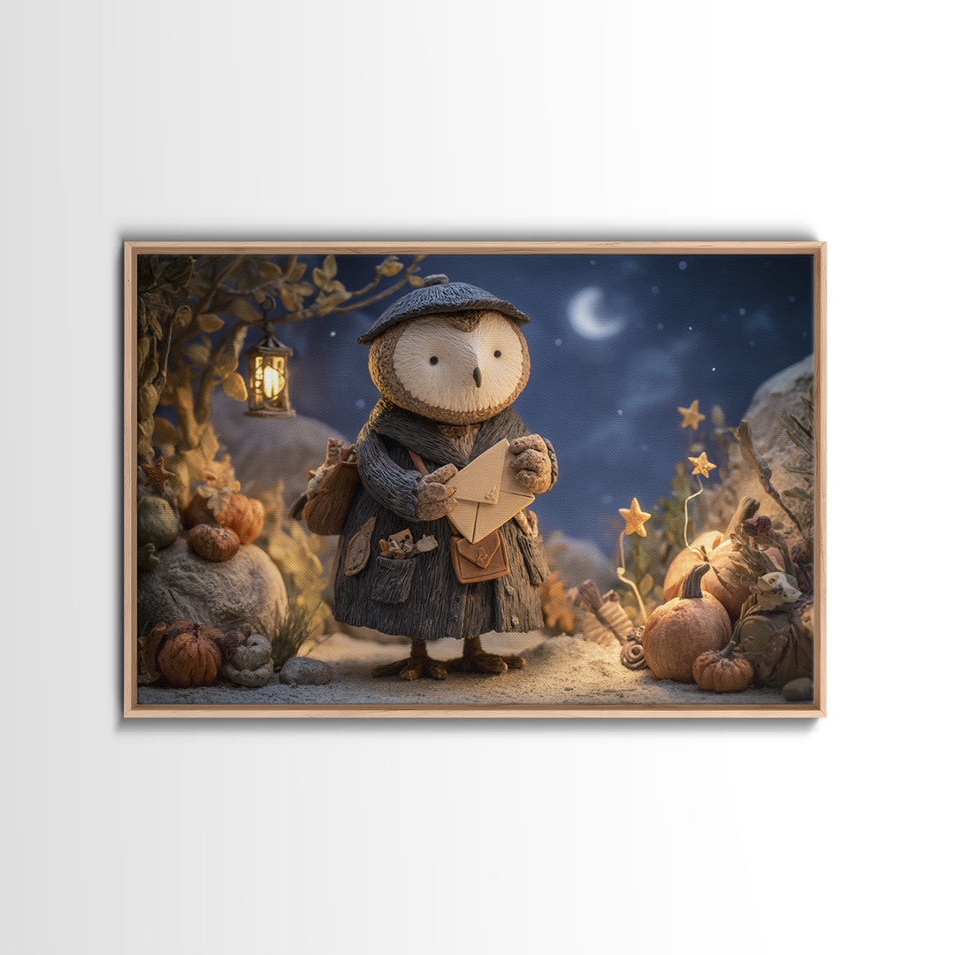 The Owl Postmaster, Clay Halloween Art, Landscape Wall Art, Framed Canvas Print, Cute Halloween Wall Art