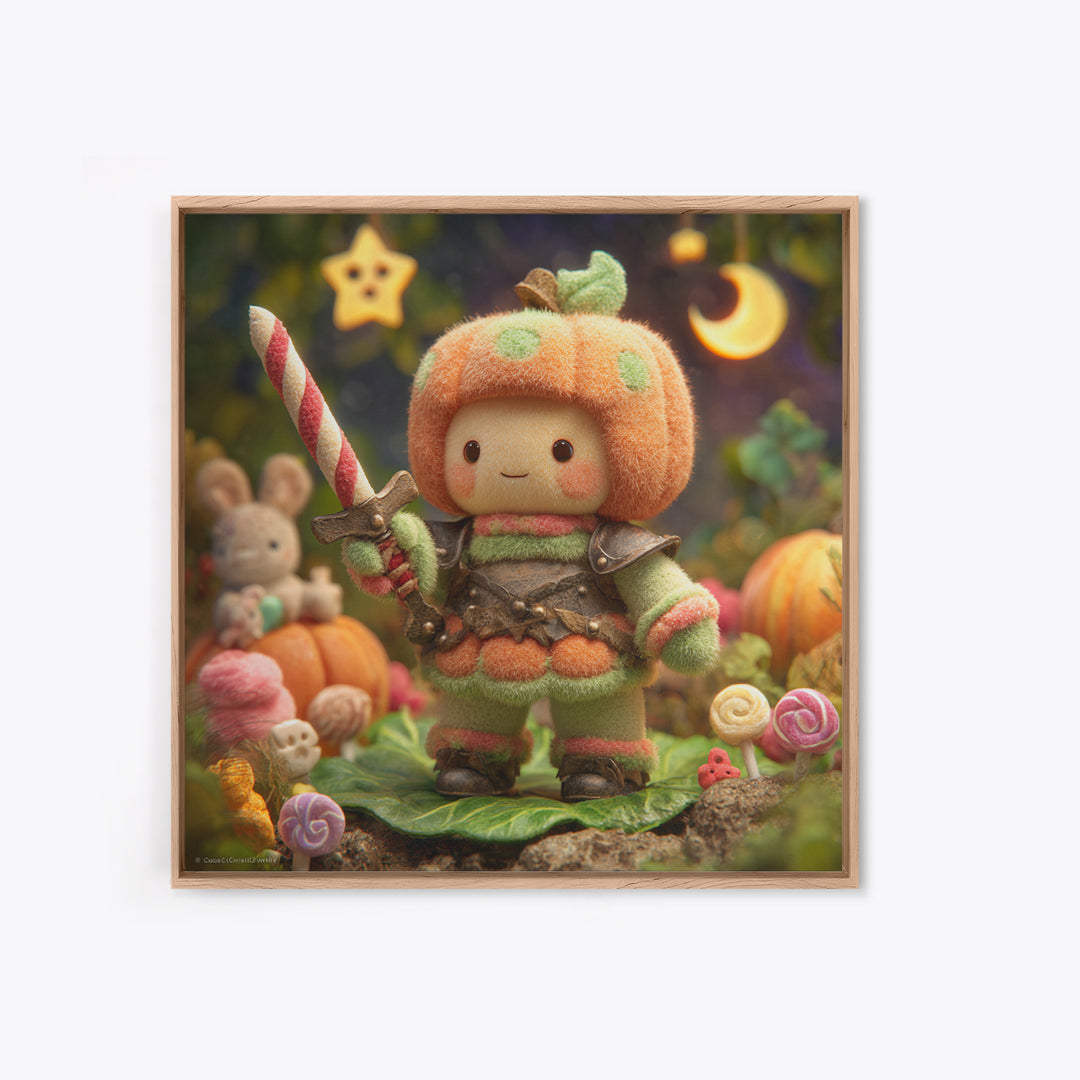 The Pumpkin Knight, Plush Halloween Art, Square Wall Art, Canvas Print, Cute Halloween Wall Art, Halloween Kids Decor
